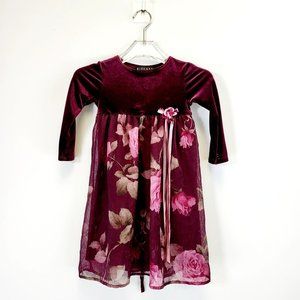 BISCOTTI Girls Wine Red Purple Floral Velvet Holiday Party Dress 3T Ribbon